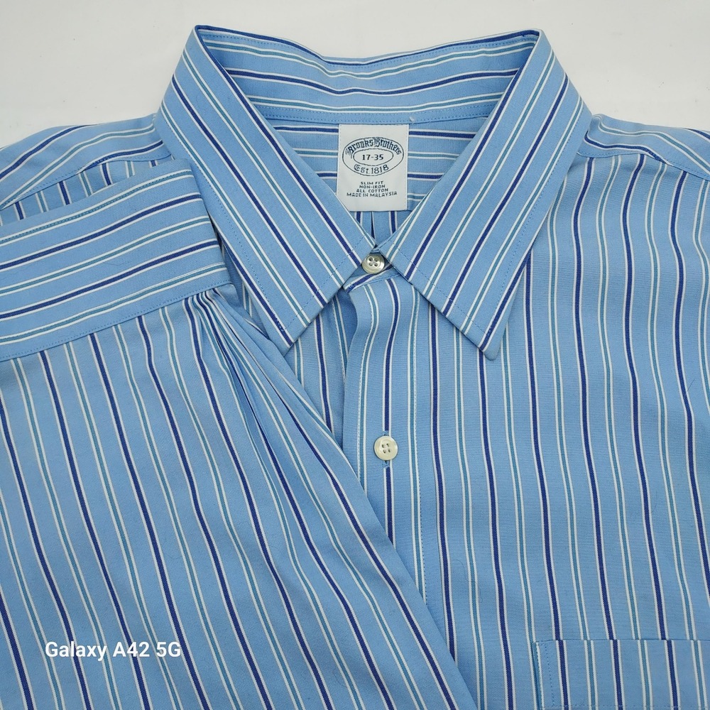 Brooks Brothers‎ Slim Fit Non-Iron Dress Shirt 17-35 Blue White Striped Cotton